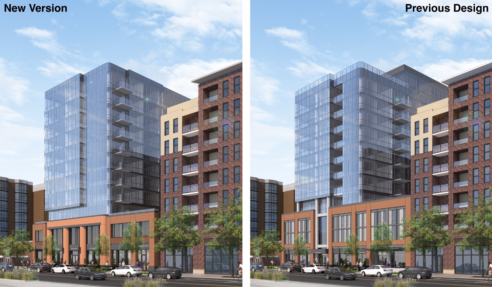 Two renderings of the building showing a comparison of the previously approved 12-story building and the newly approved 11-story building. The building features red brick on the ground and second floor portions of the building. And a glass tower for the remainder of the building. 